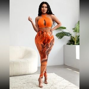 SHEIN sexy Crisscross tie front halter top and mesh leggings